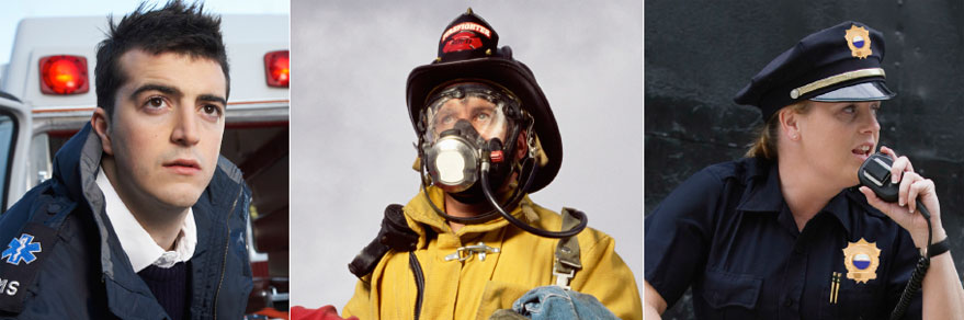 Trio of images showing a EMS first responder, a firefighter, and a police officer.